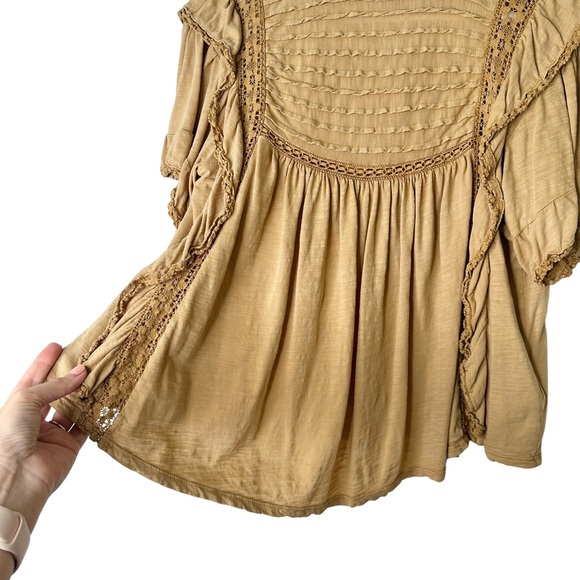 Free People Le Femme Peasant Ruffle Top Small Tan - Picture 5 of 6